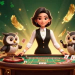 Experience okfun's dynamic casino action with a vibrant illustration showcasing dealers and games.