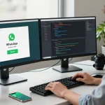 Developer in a modern office environment using WhatsApp下載 on dual monitors, showcasing coding activities and tech gadgets.