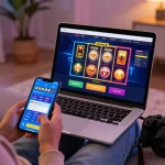 LUCK8 online betting experience on a cozy couch with vibrant gaming interface and engaging elements.