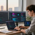 Developer coding on a laptop in a modern office, showcasing hot ai technology and vibrant code.