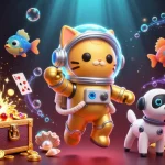 Experience excitement at win55 with a joyful cat in a golden suit, treasure, and gaming elements.