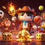 Engage with NC88's exciting gambling adventure featuring a heroic explorer cat discovering a golden artifact amidst dynamic casino elements.