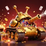 Dhani win showcases a vibrant casino scene inside a golden beetle tank, featuring dynamic game elements and colorful treasures.