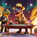 Experience the thrilling atmosphere of five88l with a unique gambling scene featuring a velociraptor card counter.