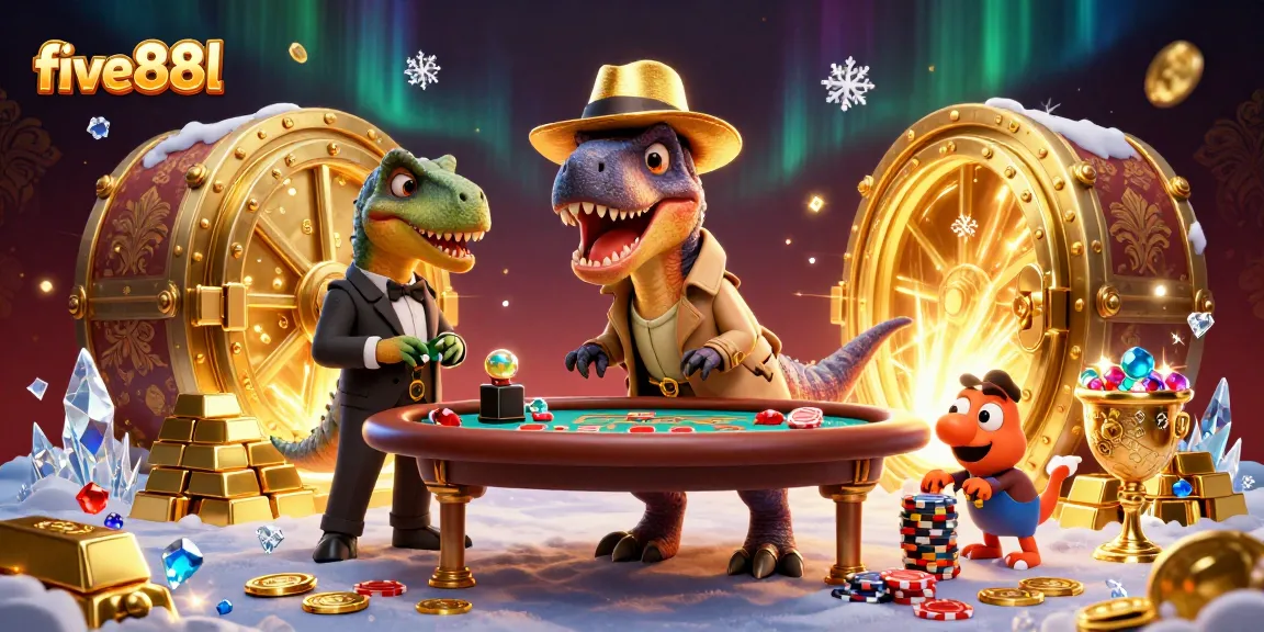 Experience the thrilling atmosphere of five88l with a unique gambling scene featuring a velociraptor card counter.