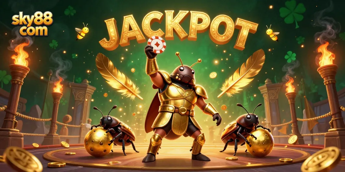 Spin to win with sky88 com at a vibrant casino scene featuring a golden armored beetle.