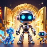 Engage with sky88l at a futuristic casino, featuring a cyberpunk robot and vibrant treasure scene.