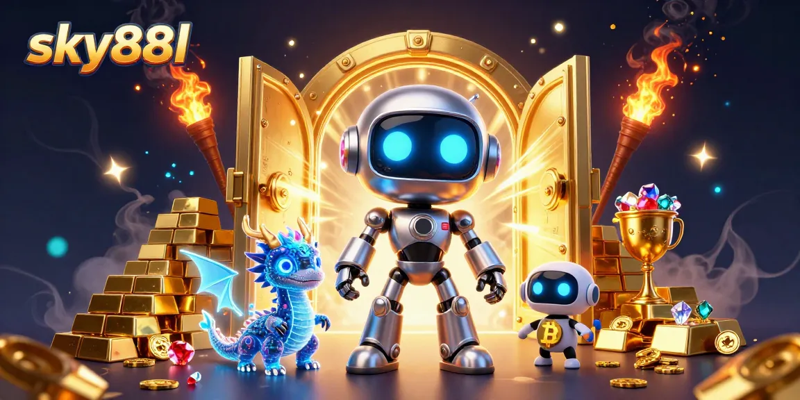 Engage with sky88l at a futuristic casino, featuring a cyberpunk robot and vibrant treasure scene.
