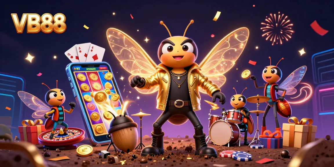 Experience the thrill of VB88 with a vibrant casino scene featuring animated rock star characters.
