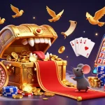Spin the reels with ea88 as golden treasures and vibrant winnings surround eager adventurers in this captivating casino scene.