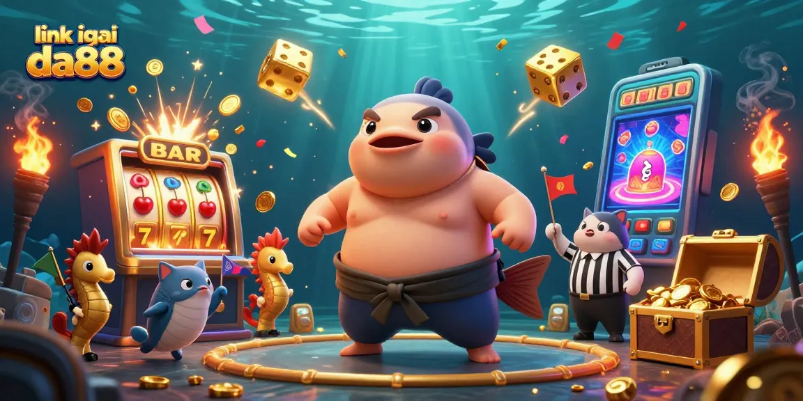 Experience the excitement of link vào da88 with vibrant underwater casino illustration featuring dynamic characters and game elements.