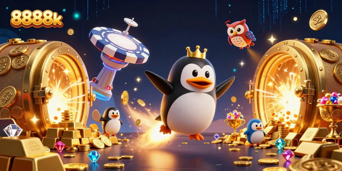 Experience exhilarating action with 8888k through a dynamic 3D cartoon scene filled with golden coins and gems.