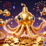 Engage with vua88's vibrant casino adventure featuring a golden kraken amidst a treasure of coins and games.