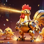Experience thrilling betting action with xoilactv's iconic rooster robot amid a bustling digital casino scene.