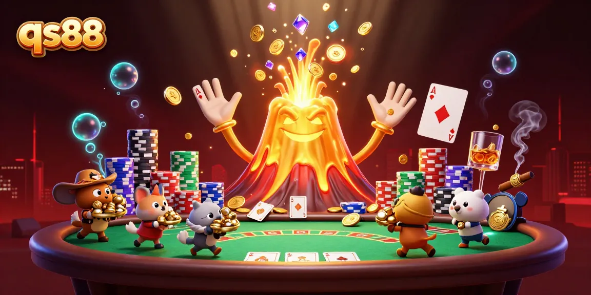 Win big with qs88 as a golden volcano erupts treasure while explorer animals flee in excitement.