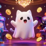 Experience PG88's casino thrills with a ghost cat in a vibrant gaming scene, showcasing slots and arcade games.