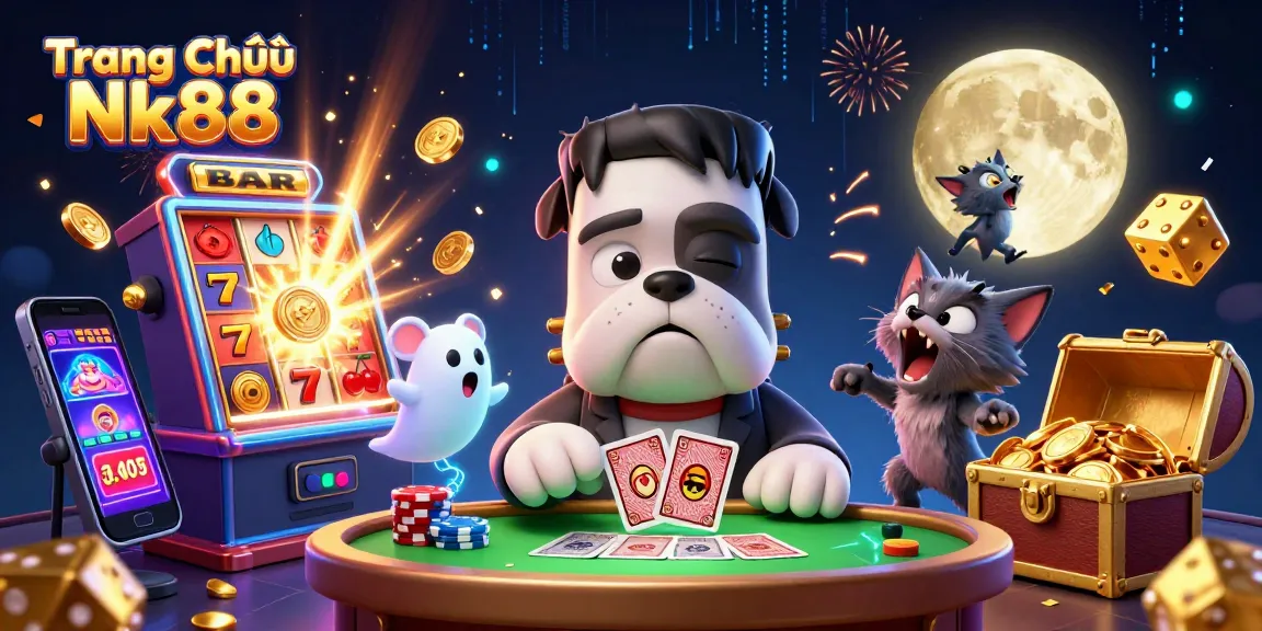 Experience the thrill of Trang Chủ Nk88 with lively characters at a dynamic casino scene bursting with excitement.