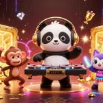 uu88's vibrant casino scene featuring a DJ panda, breakdancing monkey, and glowing kitten amidst gold treasures.