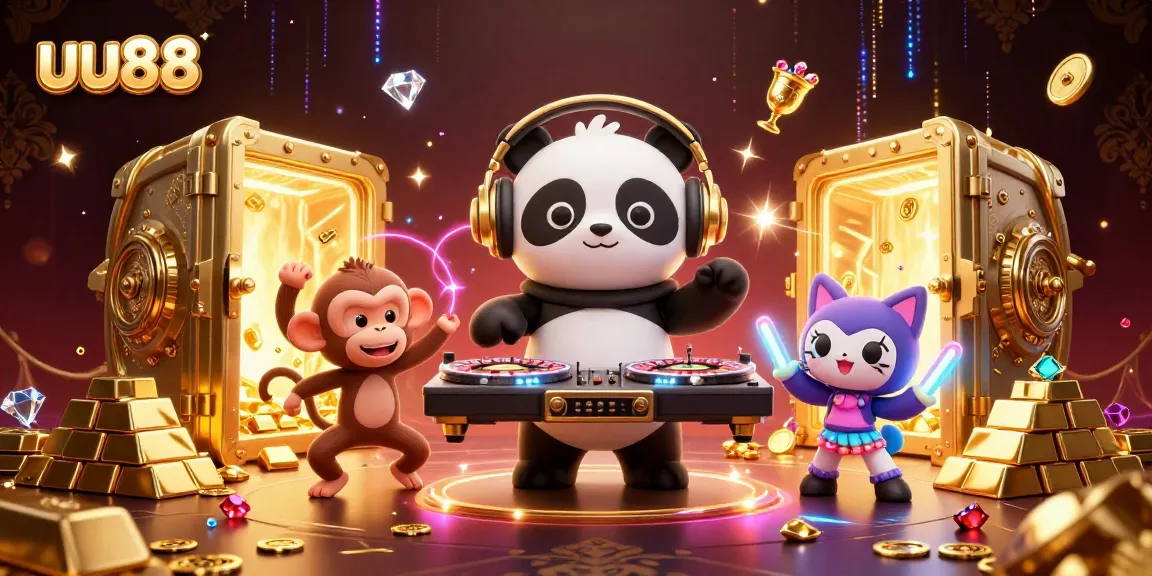 uu88's vibrant casino scene featuring a DJ panda, breakdancing monkey, and glowing kitten amidst gold treasures.
