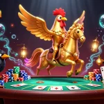 Engage with alo789vn as a golden rooster explores a vibrant casino scene full of gaming excitement and dynamic atmosphere.