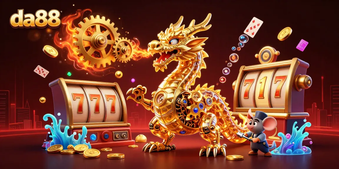 Engage players with the thrilling da88 dragon and slot reels in an action-packed casino scene.
