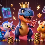 Betya casino scene depicting a T-Rex shuffling cards with a pterodactyl, vibrant with crypto elements