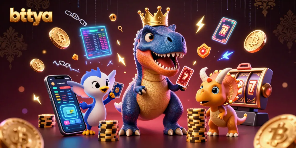 Betya casino scene depicting a T-Rex shuffling cards with a pterodactyl, vibrant with crypto elements