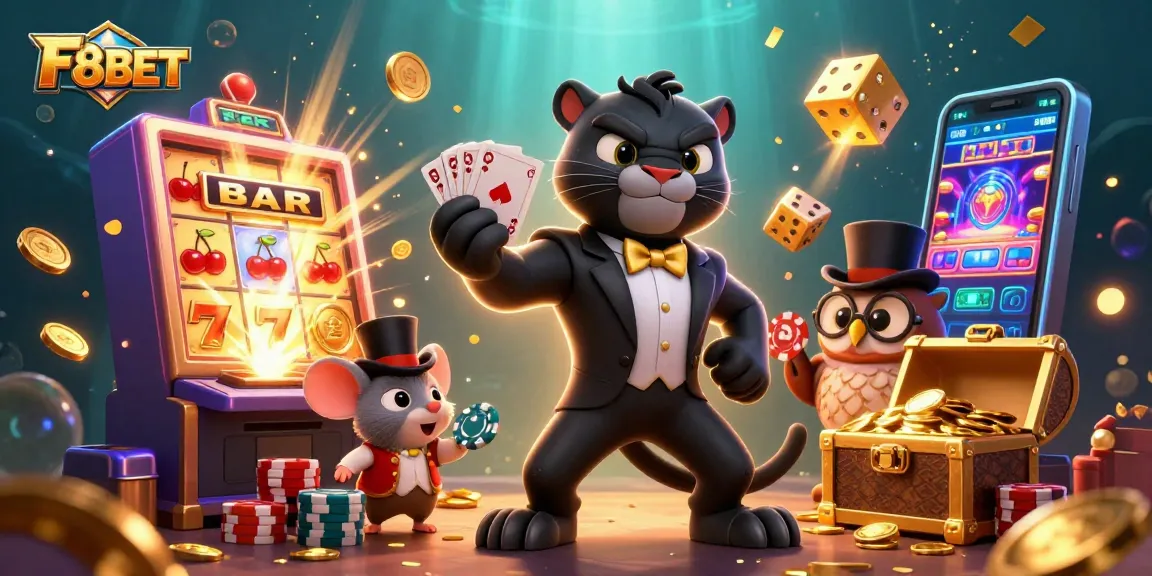 Win big with F8BET in a vibrant 3D casino scene featuring lively characters and exciting game elements.