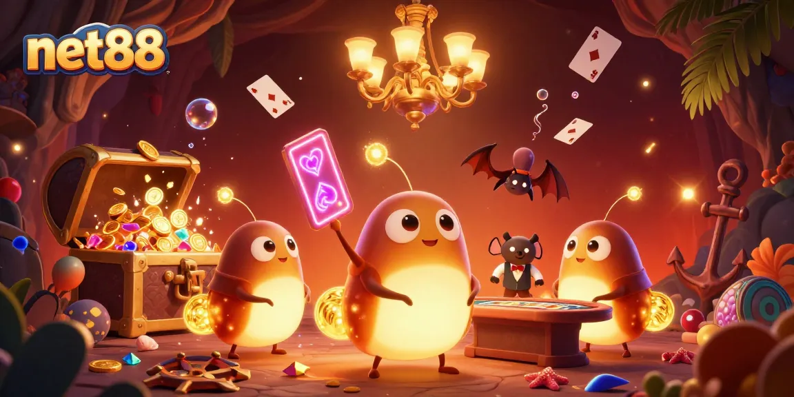 Experience vibrant gameplay at net88 with a glowing cave casino inhabited by cartoon glowworms.