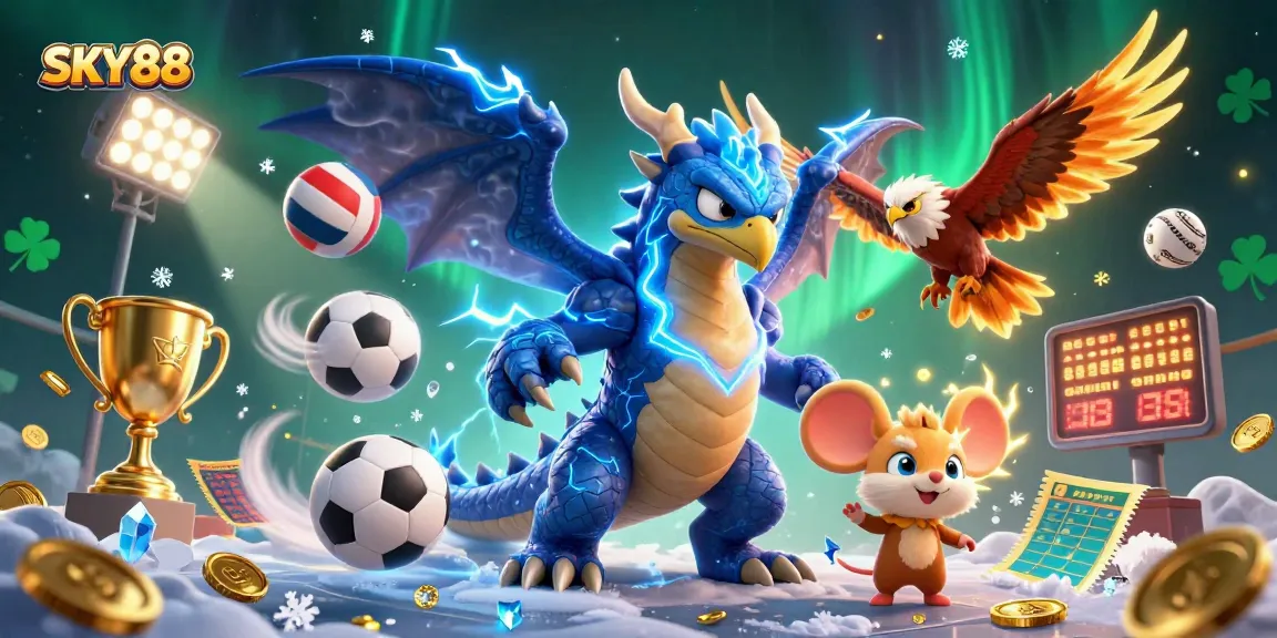 Place your bets at SKY88 with this dynamic 3D illustration featuring captivating characters and sports elements.
