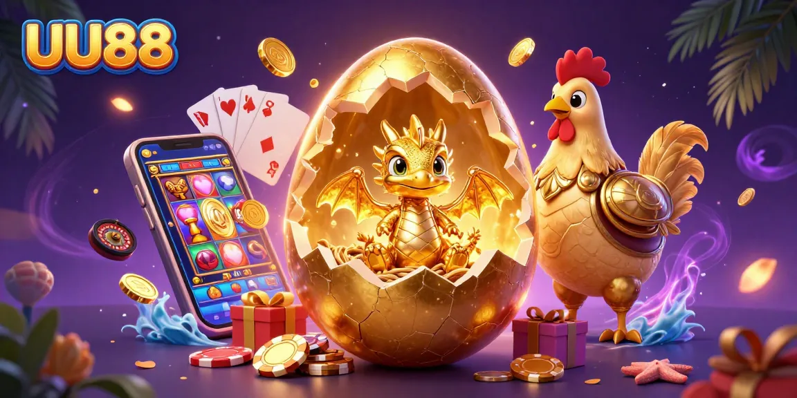 Experience big wins at UU88 with a golden dragon nestled in poker chips, surrounded by vibrant gaming elements.