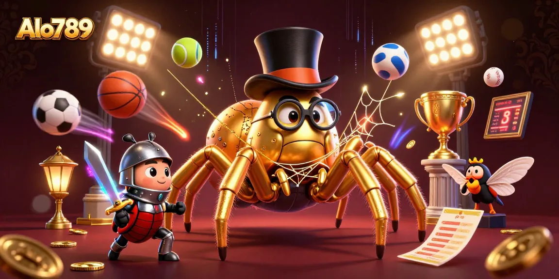 Alo789 features a brave beetle knight facing a giant tarantula in a vibrant casino scene.