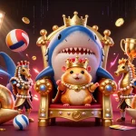 Bet big with 80win link, a bustling casino scene featuring a hamster king and sports elements.