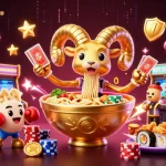 QS88 features an exciting 3D scene with a giant ramen bowl dealer and vibrant casino elements.