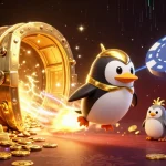 Experience exciting gameplay with 11win as a golden penguin flies past a dazzling casino.