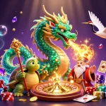 KJC's dynamic casino illustration with jade dragon, turtle sage, and lucky cranes celebrating gaming success.