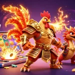 Engage in nbet's thrilling world, featuring a fierce rooster warrior amidst lively gaming elements.