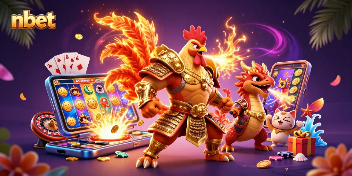 Engage in nbet's thrilling world, featuring a fierce rooster warrior amidst lively gaming elements.