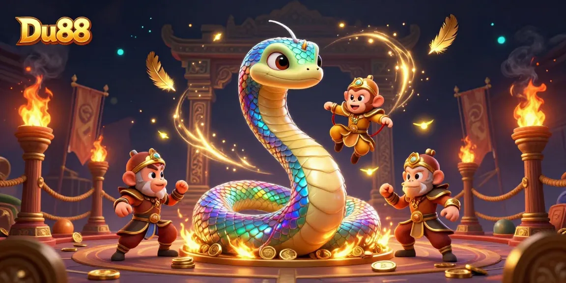 Engage with Du88 at the vibrant online casino featuring a serpent and monkey king amidst gold coins.