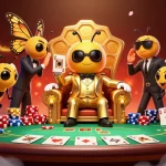 1gom players strategizing with poker chips and cards in a stylish, dynamic casino setting