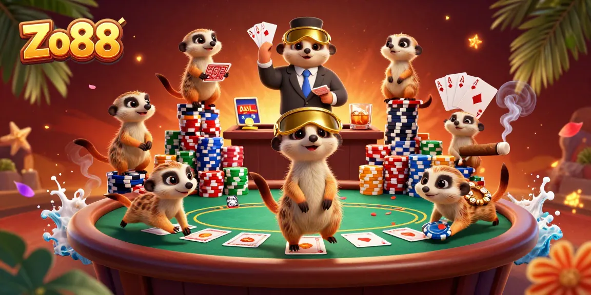 Experience the thrill of Zo88 as meerkats manage a vibrant casino scene full of exciting poker action.