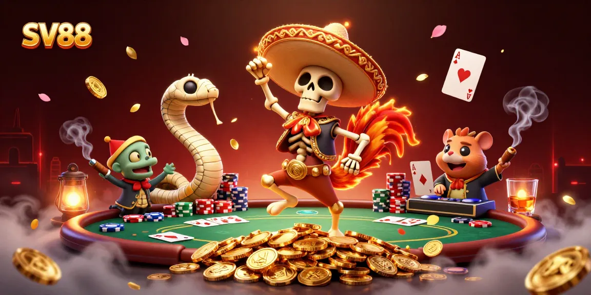 SV88 celebrates with a vibrant casino scene, showcasing a mariachi rooster, mummy snake, and DJ hamster.