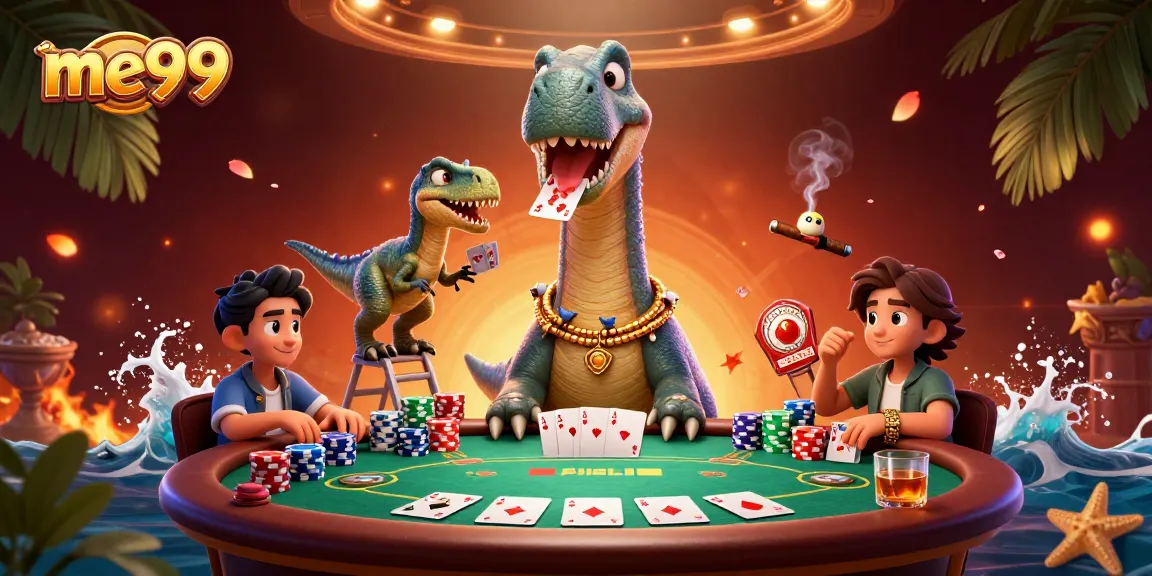 Engage with me99 in this vibrant 3D cartoon casino scene filled with poker excitement and colorful characters.