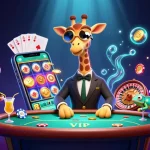 Experience the excitement of we-88 with a high-roller giraffe at a VIP poker table, amid vivid casino action.