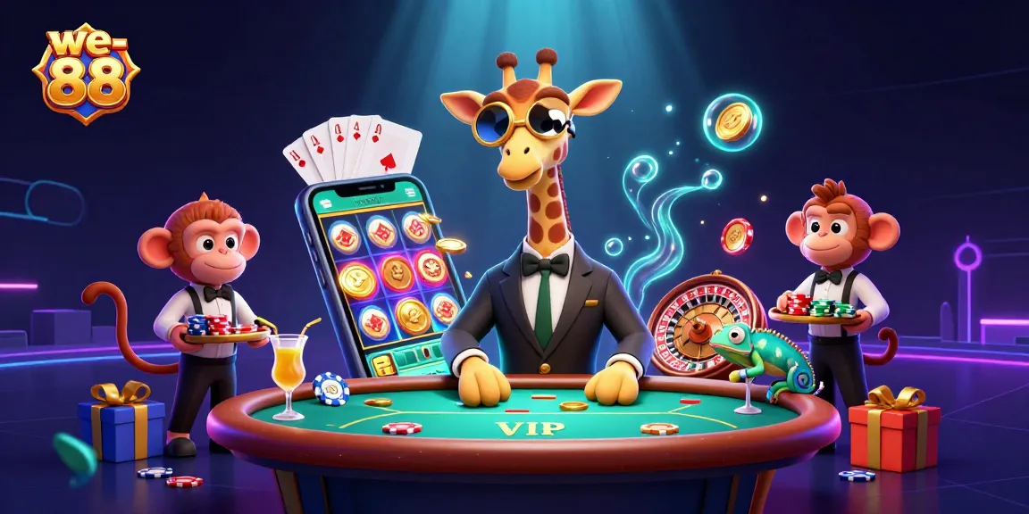 Experience the excitement of we-88 with a high-roller giraffe at a VIP poker table, amid vivid casino action.