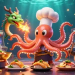 DA88 showcases a dynamic illustration of a sushi chef octopus preparing a gourmet jackpot in a vibrant casino setting.