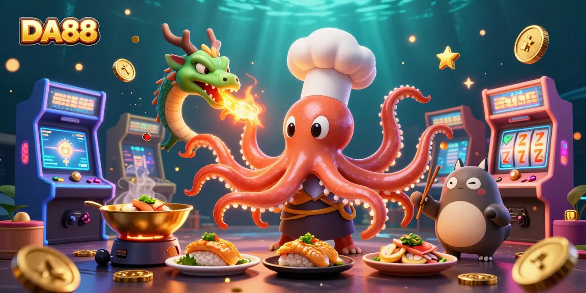 DA88 showcases a dynamic illustration of a sushi chef octopus preparing a gourmet jackpot in a vibrant casino setting.