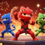 Experience thrilling action at say88 with ninja chameleons amidst vibrant casino elements and explosive treasures.