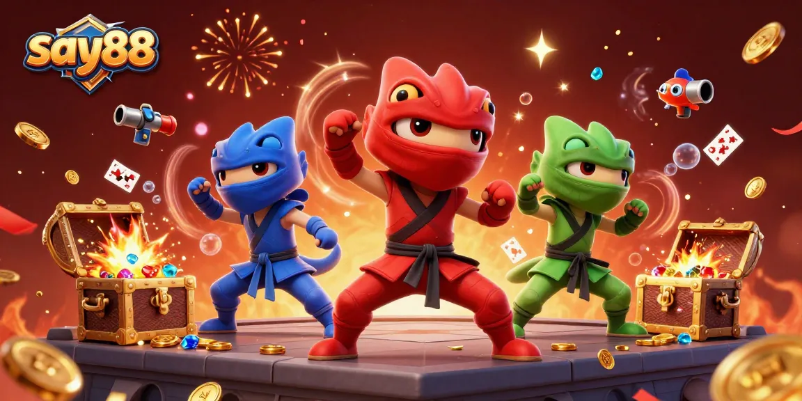 Experience thrilling action at say88 with ninja chameleons amidst vibrant casino elements and explosive treasures.