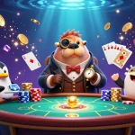 Play poker at sun win with a walrus, penguin dealer, and pufferfish amid gold coins and vibrant game elements.